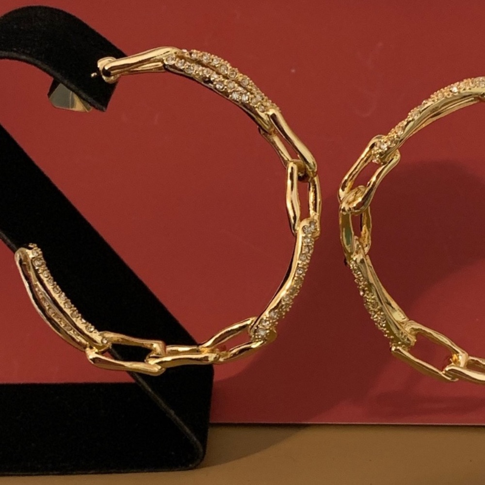 Alexis Bittar XL Golden Crystal Encrusted Textured Chain Link Hoop Post Earrings - Picture 9 of 16